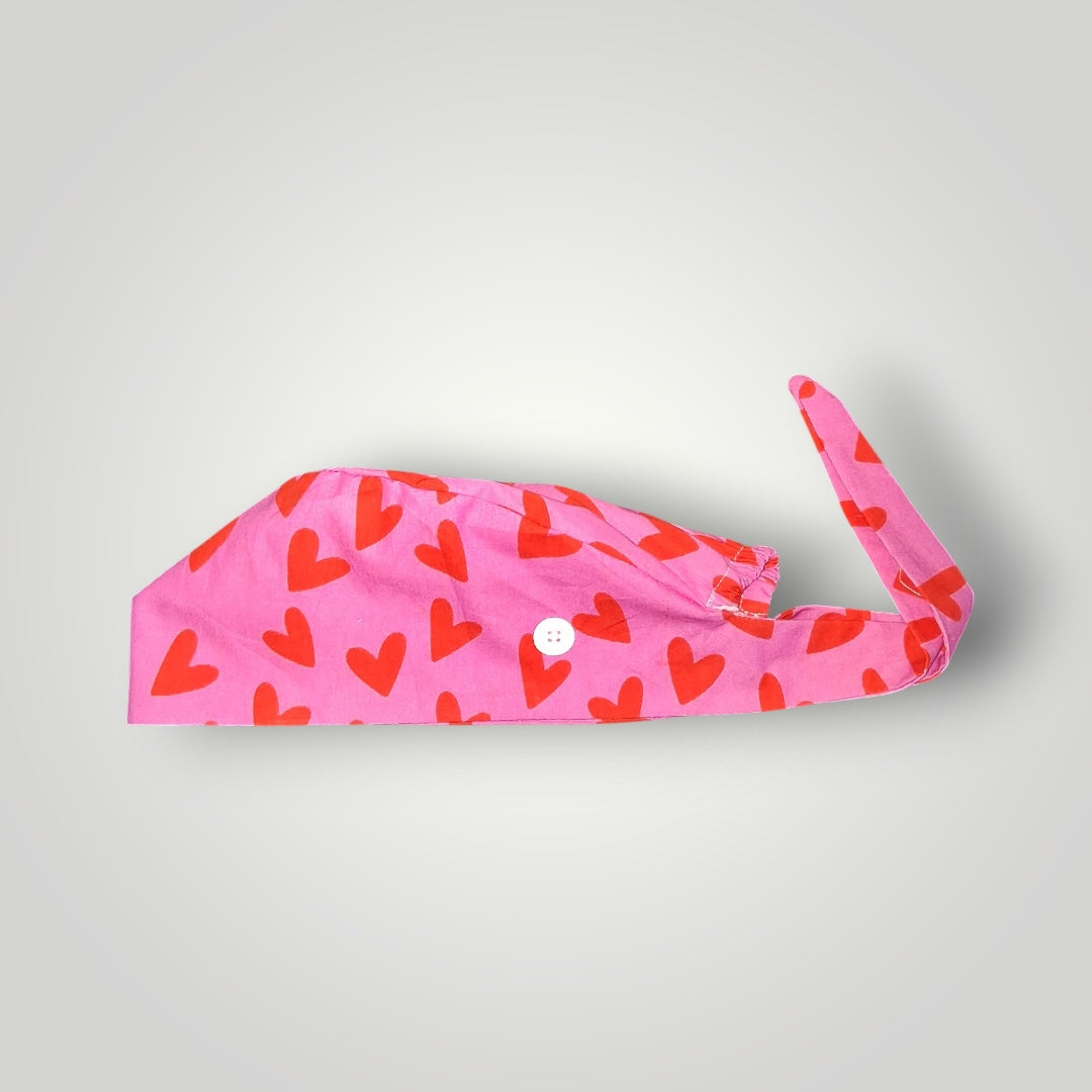 Pink & Red Heart Crush Satin-Lined Tie Back Scrub Cap
