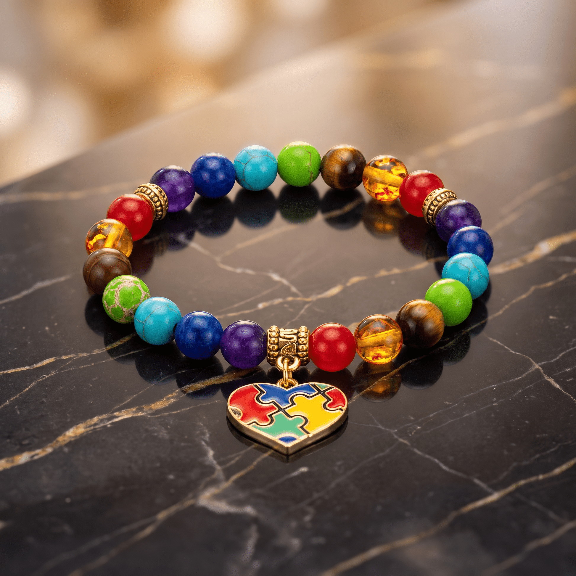 Autism Acceptance Puzzle Heart Beaded Bracelet | Stretch Bracelet