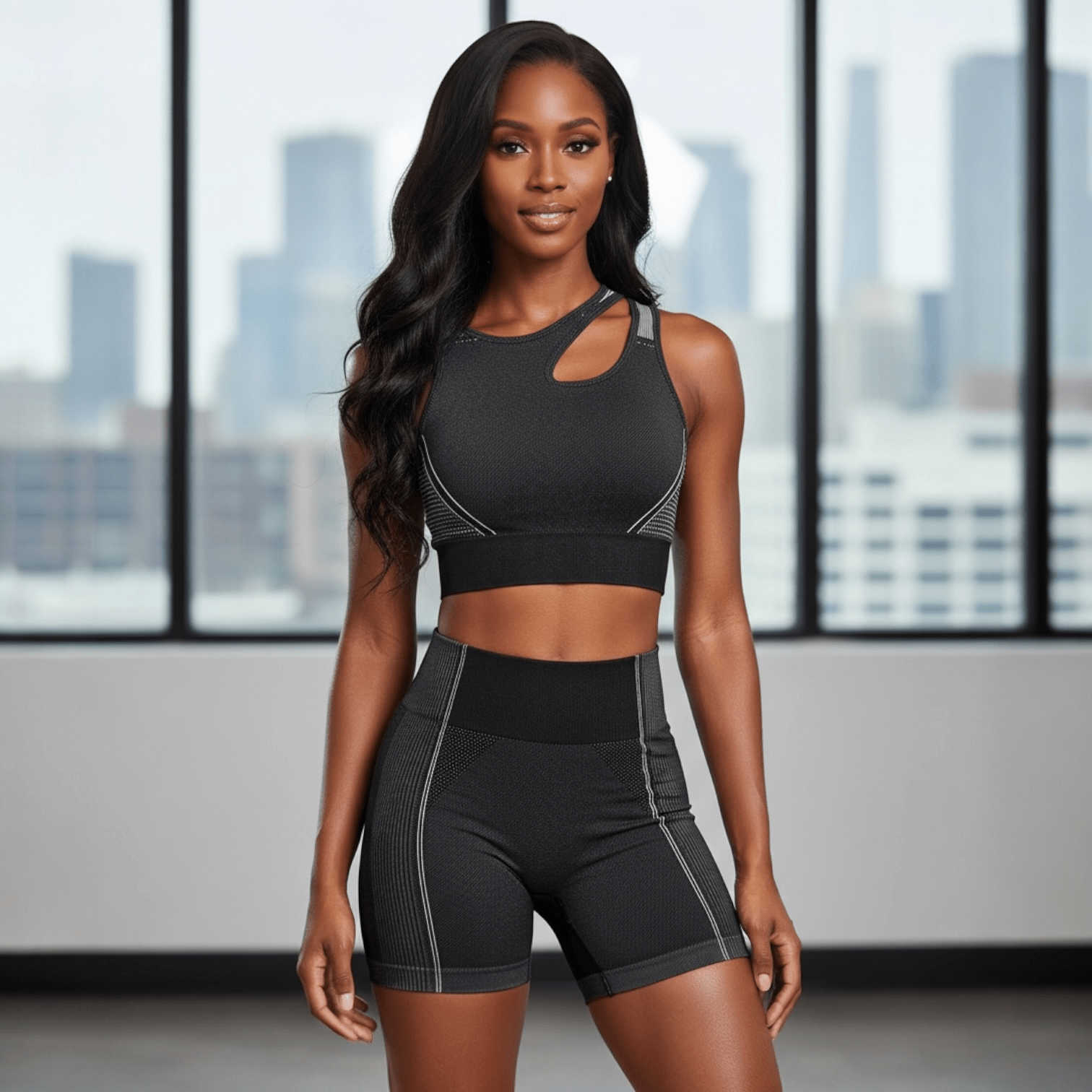 Black Strappy Yoga Set - Nursecaresuites - Online Healthcare BoutiqueJumpsuits2 piece workout outfitactivewearasymmetrical workout top