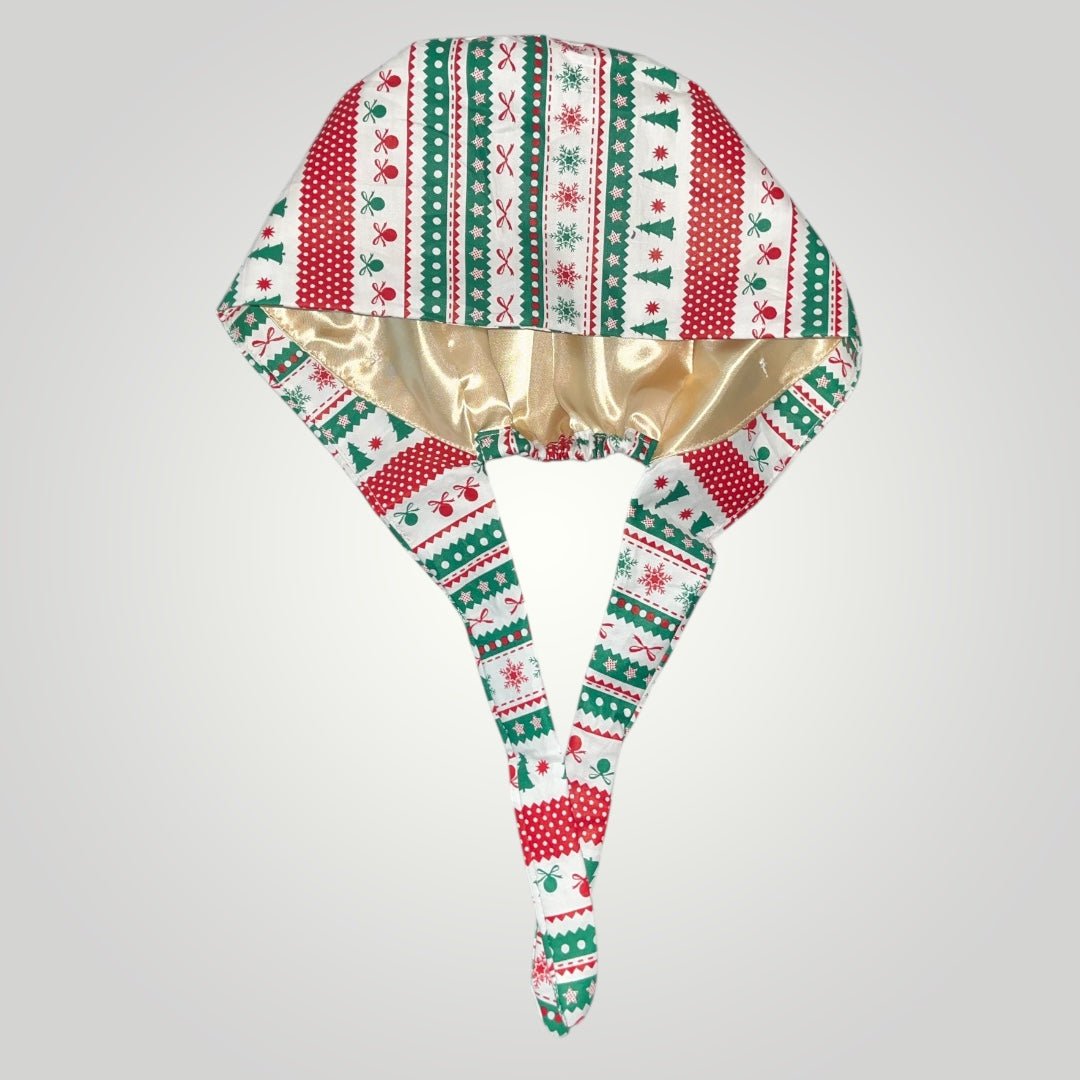 Christmas Satin - Lined Scrub Caps – Holiday Nurse Scrub Caps - Nursecaresuites - Online Healthcare BoutiqueScrub CapAdjustable Scrub CapAdjustable Tie BackBreathable