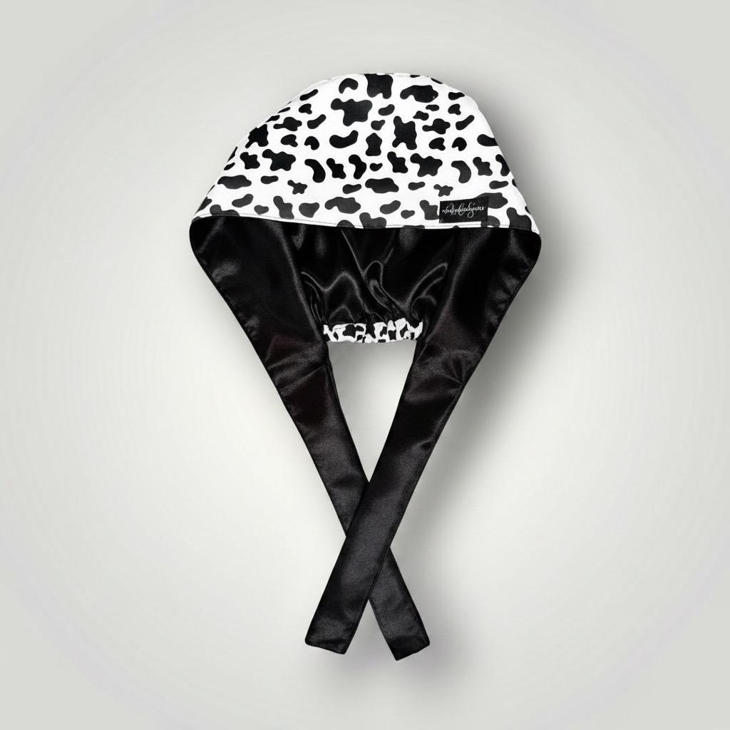 Cow Print Satin-Lined Tie-Back Scrub Cap - Nursecaresuites - Online Healthcare BoutiqueScrub Capblack girl nursebraid friendly scrub capcotton scrub cap