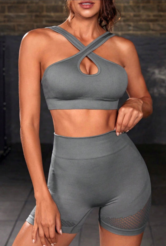 Gray Cross Straps Cutout Bra and High Waist Yoga Short Set - Nursecaresuites - Online Healthcare Boutique