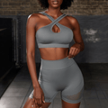 Gray Cross Straps Cutout Bra and High Waist Yoga Short Set - Nursecaresuites - Online Healthcare Boutiqueyoga set2 piece yoga outfitactivewear set for womenbody shaping yoga set