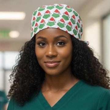 Grinch Christmas Satin - Lined Scrub Cap – Holiday Nurse Scrub Cap - Nursecaresuites - Online Healthcare BoutiqueScrub CapAdjustable Scrub CapAdjustable Tie BackBreathable