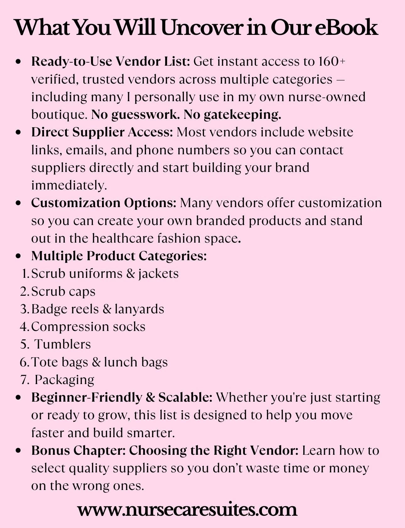Healthcare Fashion Boutique Vendor List (160+ Verified Vendors) - Nursecaresuites - Online Healthcare BoutiqueE - bookaccessory vendorsbadge reelsbusiness tools