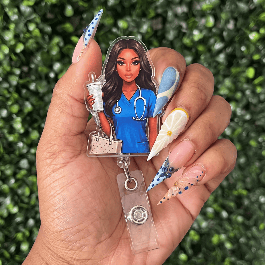 Healthcare Girlie Rhinestone Tumbler Badge Reel - Nursecaresuites - Online Healthcare Boutiquebadge reelacrylic badge reelalligator clip badge reelblue scrubs