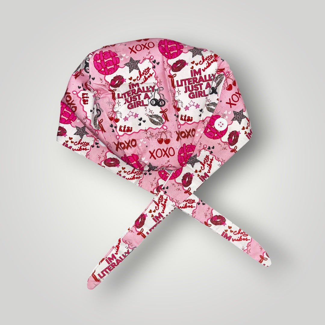 I'm Literally Just a Girl Satin-Lined Scrub Cap – Imperfect Print - Nursecaresuites - Online Healthcare BoutiqueScrub CapAdjustable Scrub CapAdjustable Tie Backaesthetic healthcare worker