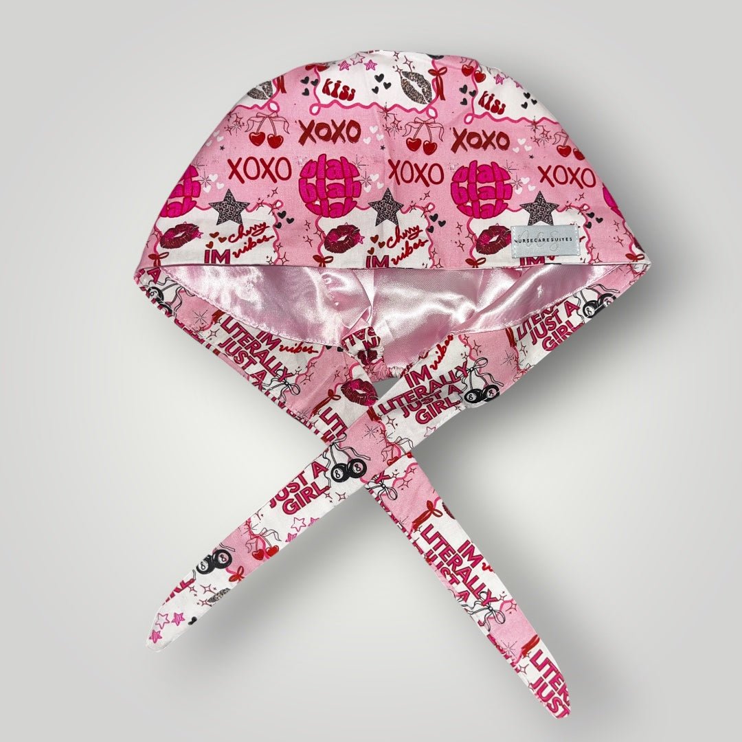 I'm Literally Just a Girl Satin-Lined Scrub Cap – Imperfect Print - Nursecaresuites - Online Healthcare BoutiqueScrub CapAdjustable Scrub CapAdjustable Tie Backaesthetic healthcare worker