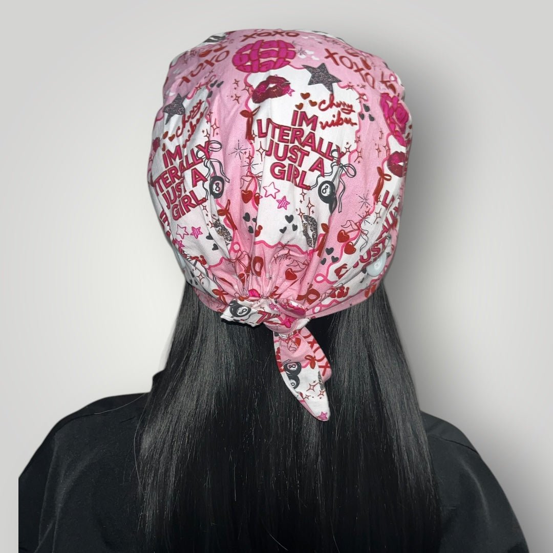 Im Literally Just A Girl Satin - Lined Tie Back Scrub Caps - Nursecaresuites - Online Healthcare BoutiqueScrub CapAdjustable Scrub CapAdjustable Tie Backaesthetic healthcare worker