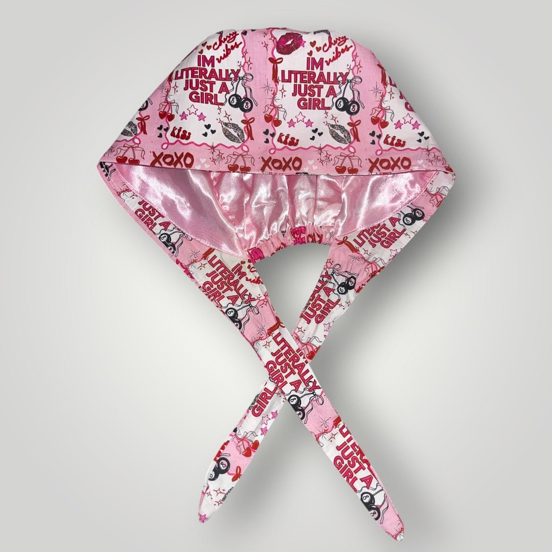 Im Literally Just A Girl Satin - Lined Tie Back Scrub Caps - Nursecaresuites - Online Healthcare BoutiqueScrub CapAdjustable Scrub CapAdjustable Tie Backaesthetic healthcare worker