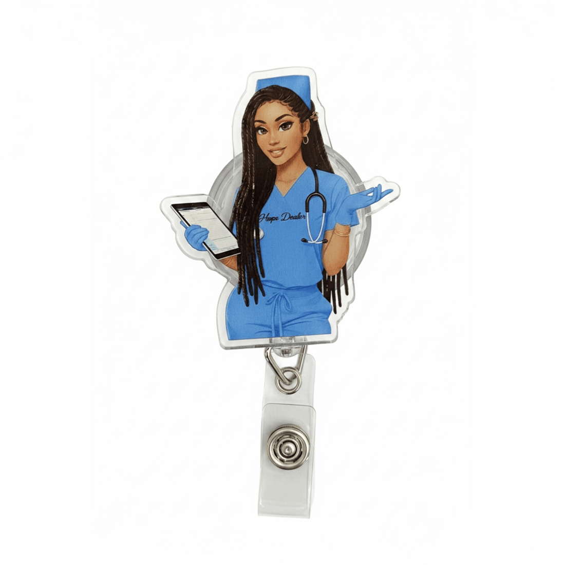 Locs & Loaded Nurse Badge Reel - Nursecaresuites - Online Healthcare Boutiquebadge reelacrylic badge reelaesthetic healthcare workeraesthetic nurse look