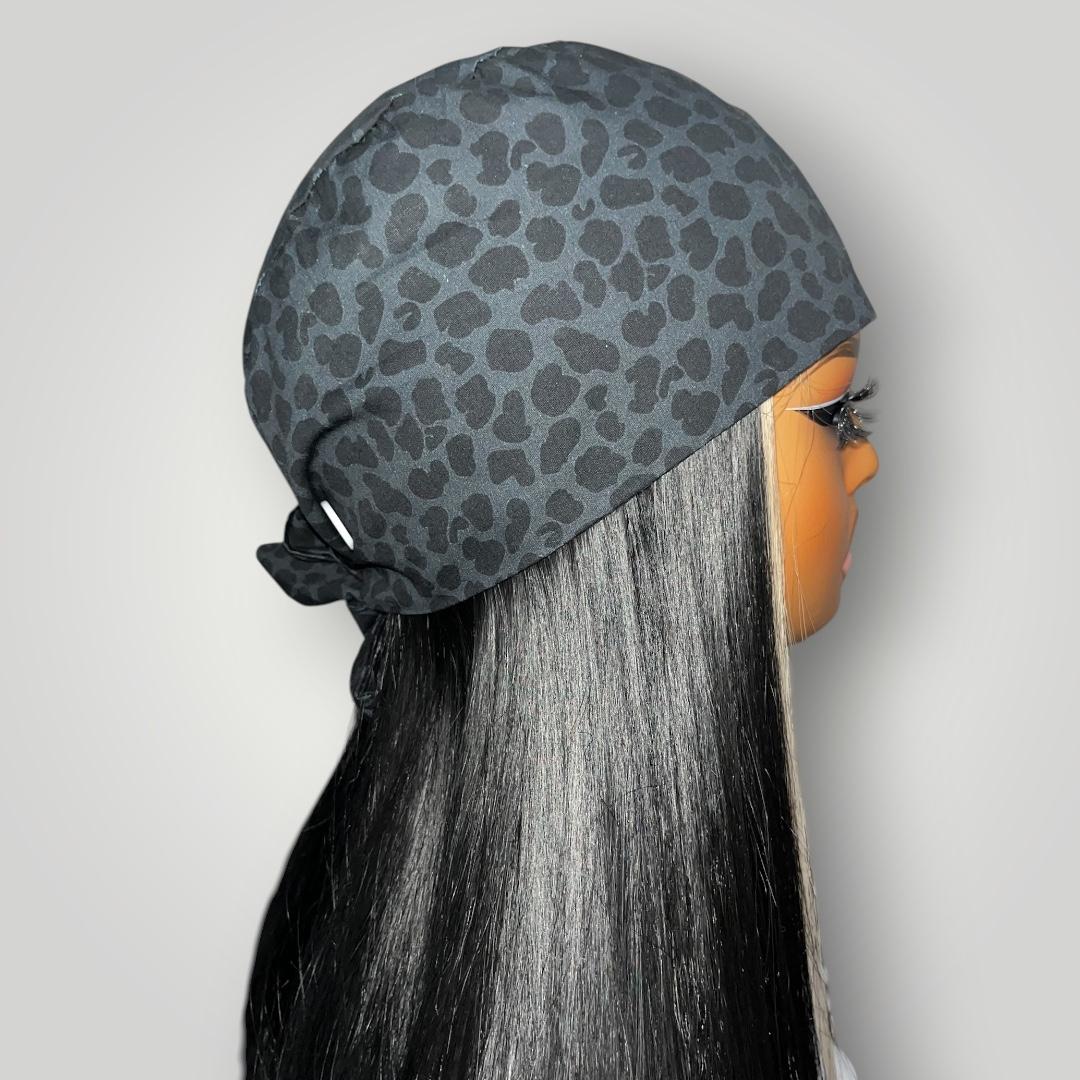 Midnight Leopard Satin - Lined Tie Back Scrub Cap - Nursecaresuites - Online Healthcare BoutiqueScrub Capblack scrub capbreathable scrub capgrey leopard scrub cap