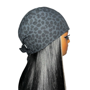 Midnight Leopard Satin - Lined Tie Back Scrub Cap - Nursecaresuites - Online Healthcare BoutiqueScrub Capblack scrub capbreathable scrub capgrey leopard scrub cap