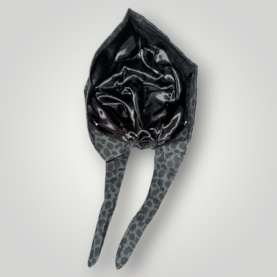 Midnight Leopard Satin - Lined Tie Back Scrub Cap - Nursecaresuites - Online Healthcare BoutiqueScrub Capblack scrub capbreathable scrub capgrey leopard scrub cap