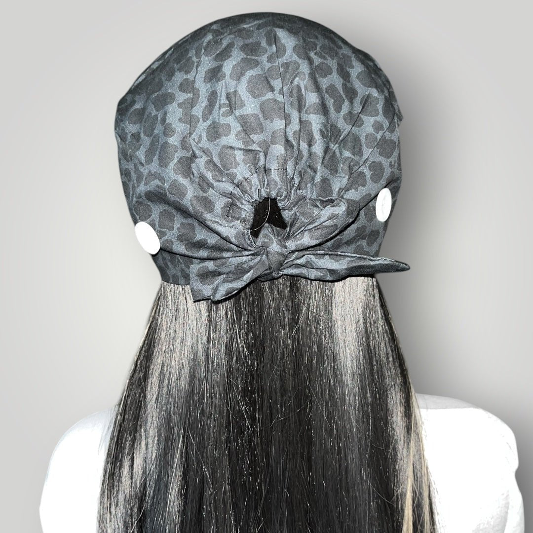 Midnight Leopard Satin - Lined Tie Back Scrub Cap - Nursecaresuites - Online Healthcare BoutiqueScrub Capblack scrub capbreathable scrub capgrey leopard scrub cap