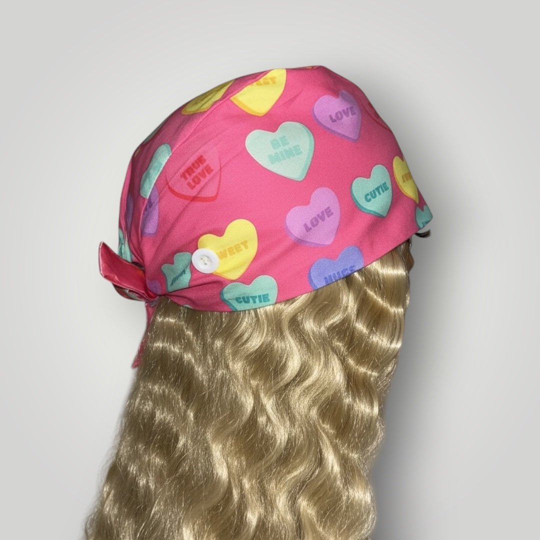 Pink Candy Hearts Satin - Lined Tie Back Scrub Caps - Nursecaresuites - Online Healthcare BoutiqueScrub CapAdjustable Scrub CapAdjustable Tie Backaesthetic healthcare worker