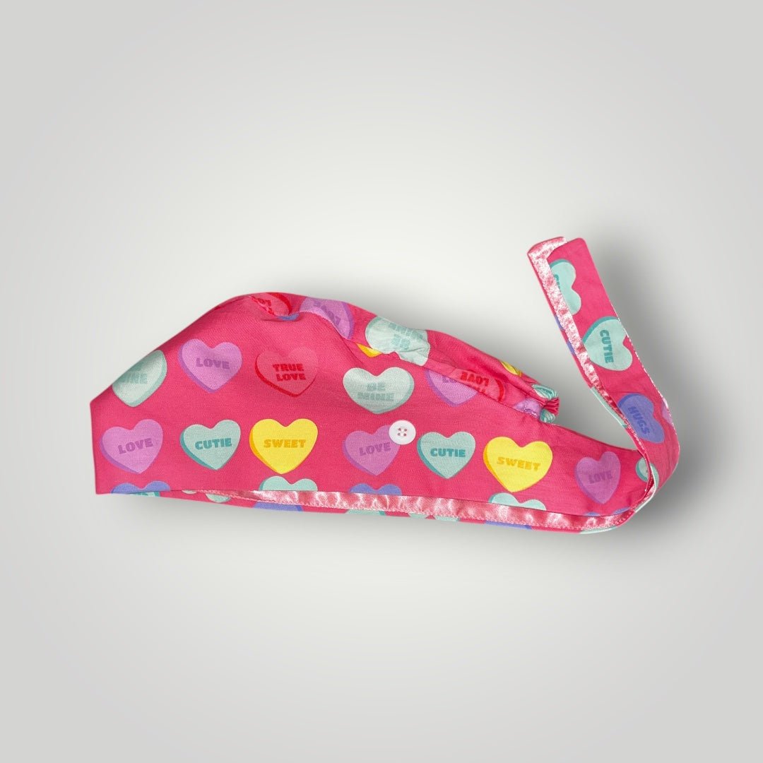 Pink Candy Hearts Satin - Lined Tie Back Scrub Caps - Nursecaresuites - Online Healthcare BoutiqueScrub CapAdjustable Scrub CapAdjustable Tie Backaesthetic healthcare worker