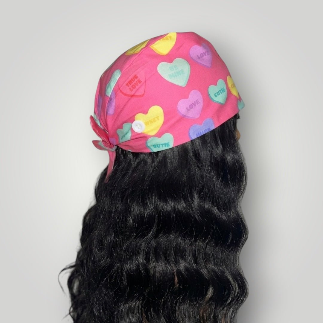 Pink Candy Printed Hearts Satin-Lined Tie Back Scrub Caps - Nursecaresuites - Online Healthcare BoutiqueScrub CapAdjustable Scrub CapAdjustable Tie Backaesthetic healthcare worker