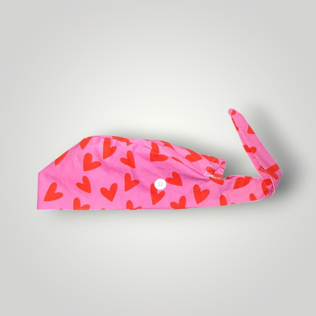 Pink & Red Heart Crush Satin-Lined Tie Back Scrub Cap - Nursecaresuites - Online Healthcare BoutiqueScrub CapCute Scrub Capcute scrub capsgirly scrub cap