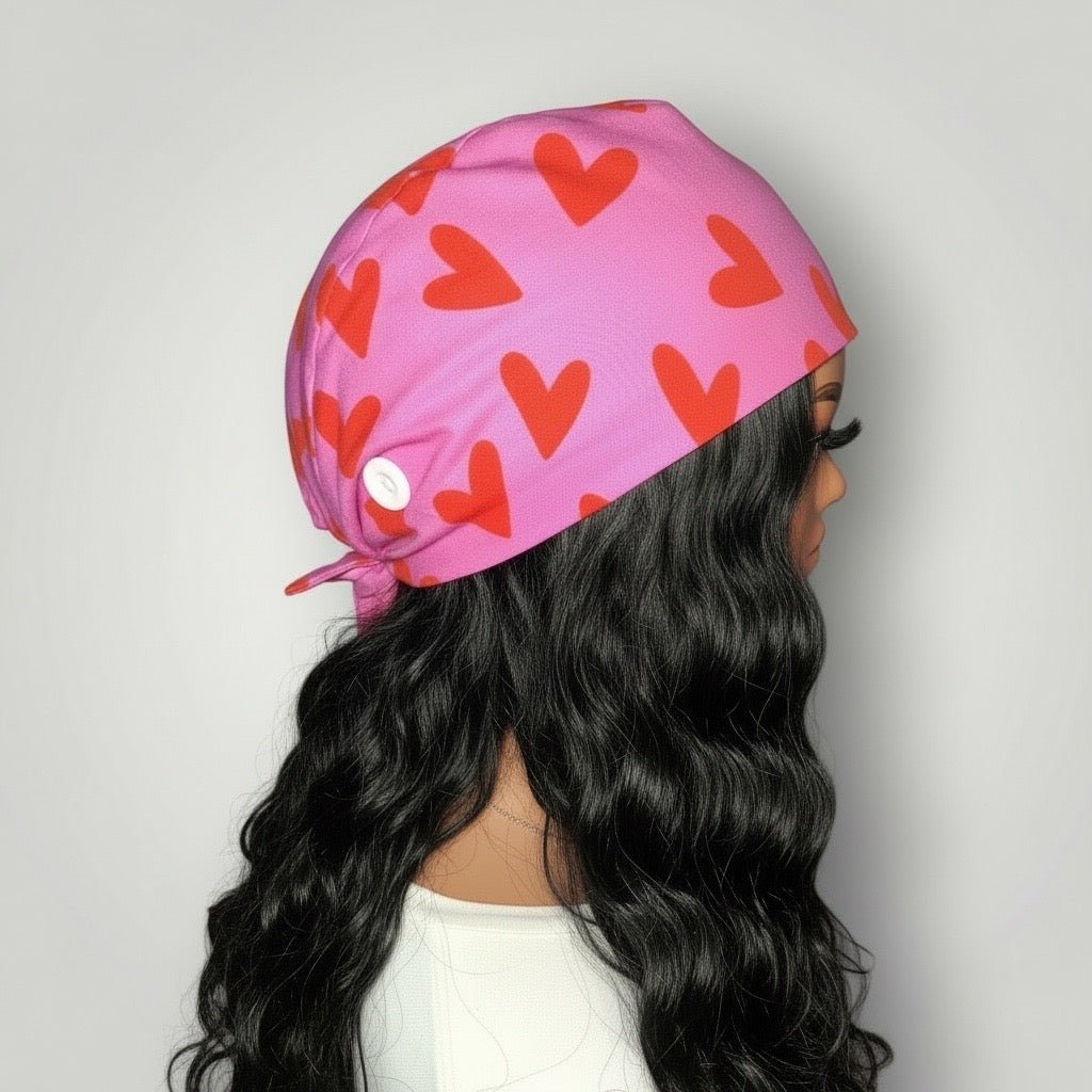 Pink & Red Heart Crush Satin-Lined Tie Back Scrub Cap - Nursecaresuites - Online Healthcare BoutiqueScrub CapCute Scrub Capcute scrub capsgirly scrub cap