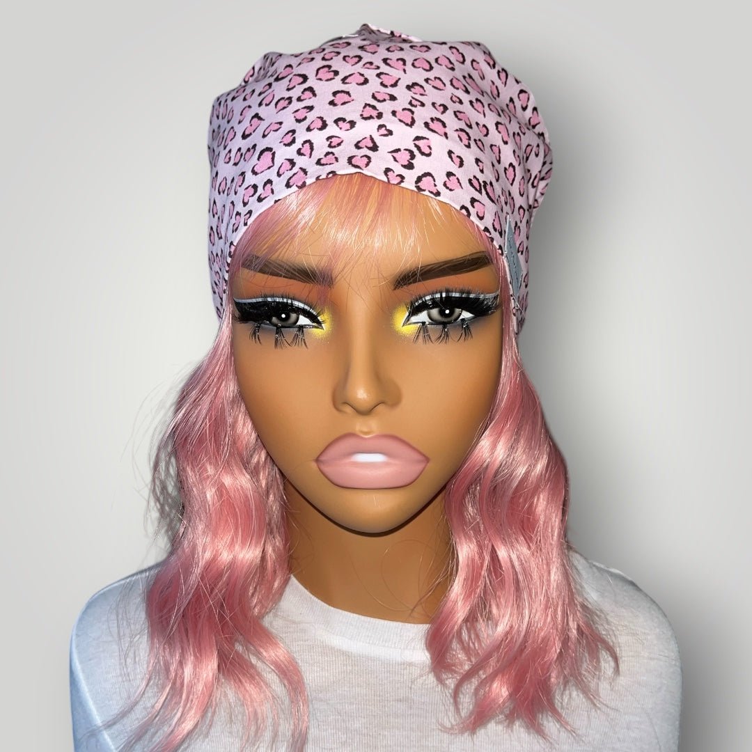 Pink Sweetheart Leopard Satin - Lined Tie Back Scrub Cap - Nursecaresuites - Online Healthcare BoutiqueScrub Capbreathable scrub capcapcute scrub caps