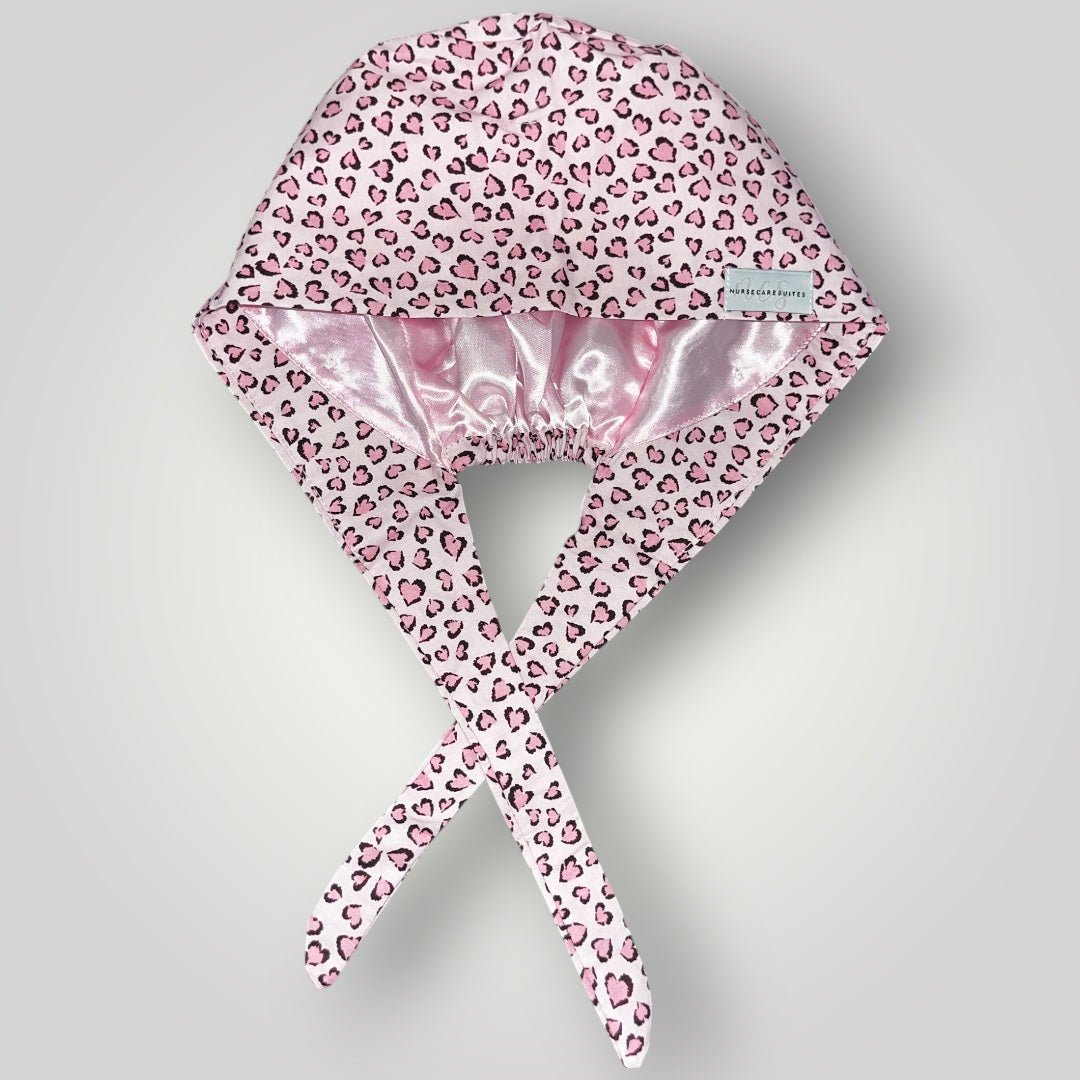 Pink Sweetheart Leopard Satin - Lined Tie Back Scrub Cap - Nursecaresuites - Online Healthcare BoutiqueScrub Capbreathable scrub capcapcute scrub caps