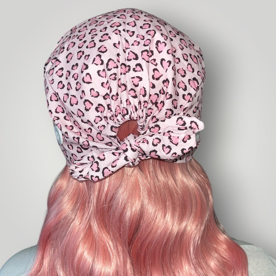 Pink Sweetheart Leopard Satin - Lined Tie Back Scrub Cap - Nursecaresuites - Online Healthcare BoutiqueScrub Capbreathable scrub capcapcute scrub caps
