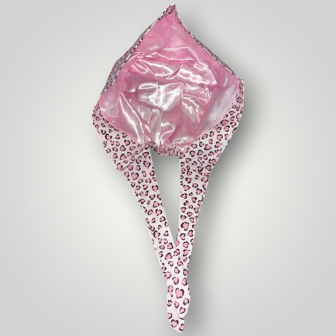 Pink Sweetheart Leopard Satin - Lined Tie Back Scrub Cap - Nursecaresuites - Online Healthcare BoutiqueScrub Capbreathable scrub capcapcute scrub caps