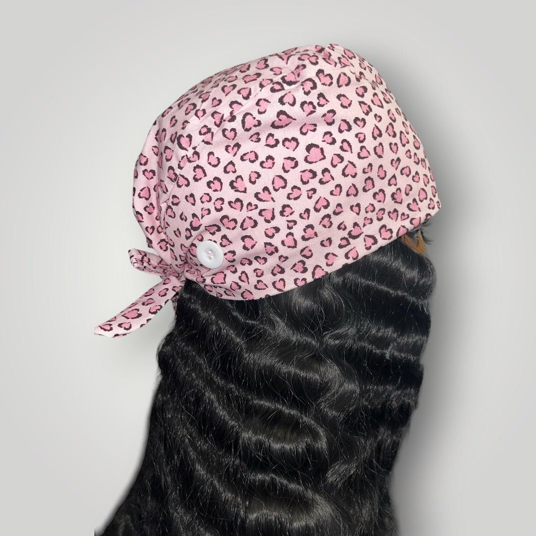 Pink Sweetheart Leopard Satin - Lined Tie Back Scrub Cap - Nursecaresuites - Online Healthcare BoutiqueScrub Capbreathable scrub capcapcute scrub caps