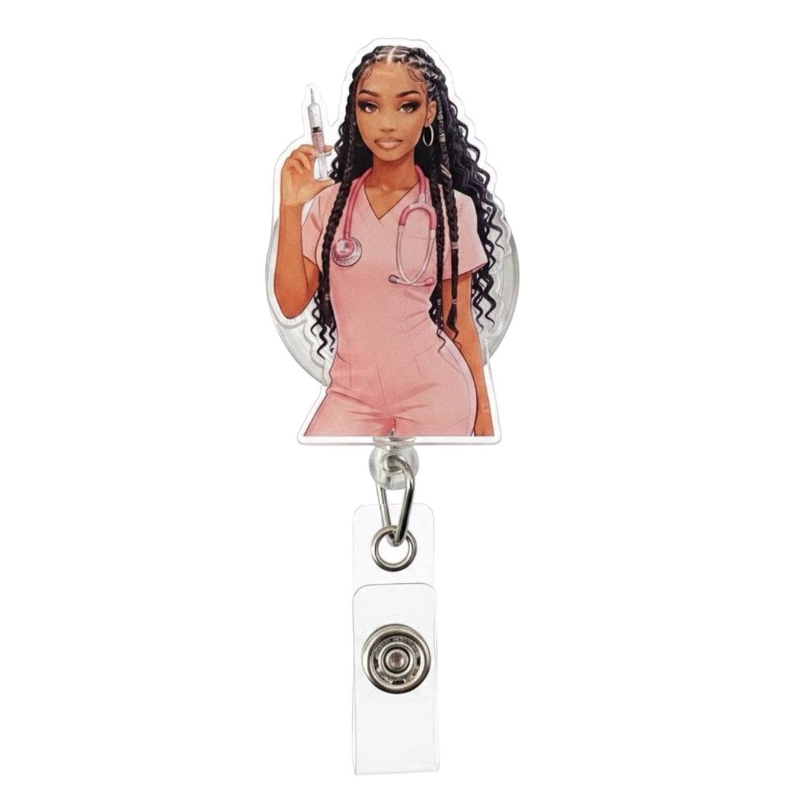 Pretty in Pink Braided Baddie Badge Reel - Nursecaresuites - Online Healthcare Boutiquebadge reelacrylic badge reelalligator clip badge reelblack girl nurse