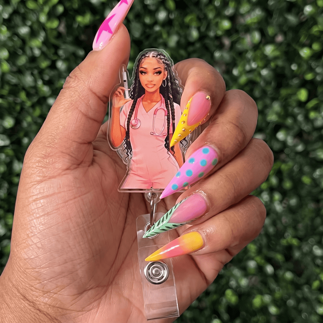 Pretty in Pink Braided Baddie Badge Reel - Nursecaresuites - Online Healthcare Boutiquebadge reelacrylic badge reelalligator clip badge reelblack girl nurse