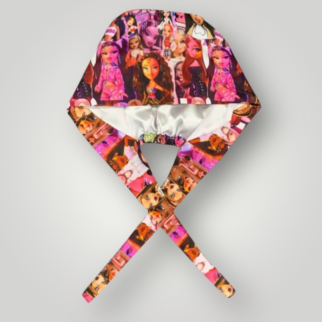 Satin - Lined Nurse Scrub Caps – Hello Kitty, Barbie & Bratz | Most Wanted Collection - Nursecaresuites - Online Healthcare BoutiqueScrub CapAdjustable Scrub CapAdjustable Tie BackBarbie Scrub Cap