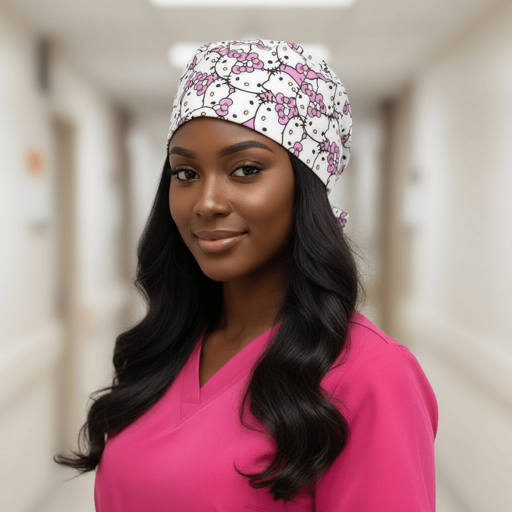 Satin - Lined Nurse Scrub Caps – Hello Kitty, Barbie & Bratz | Most Wanted Collection - Nursecaresuites - Online Healthcare BoutiqueScrub CapAdjustable Scrub CapAdjustable Tie BackBarbie Scrub Cap