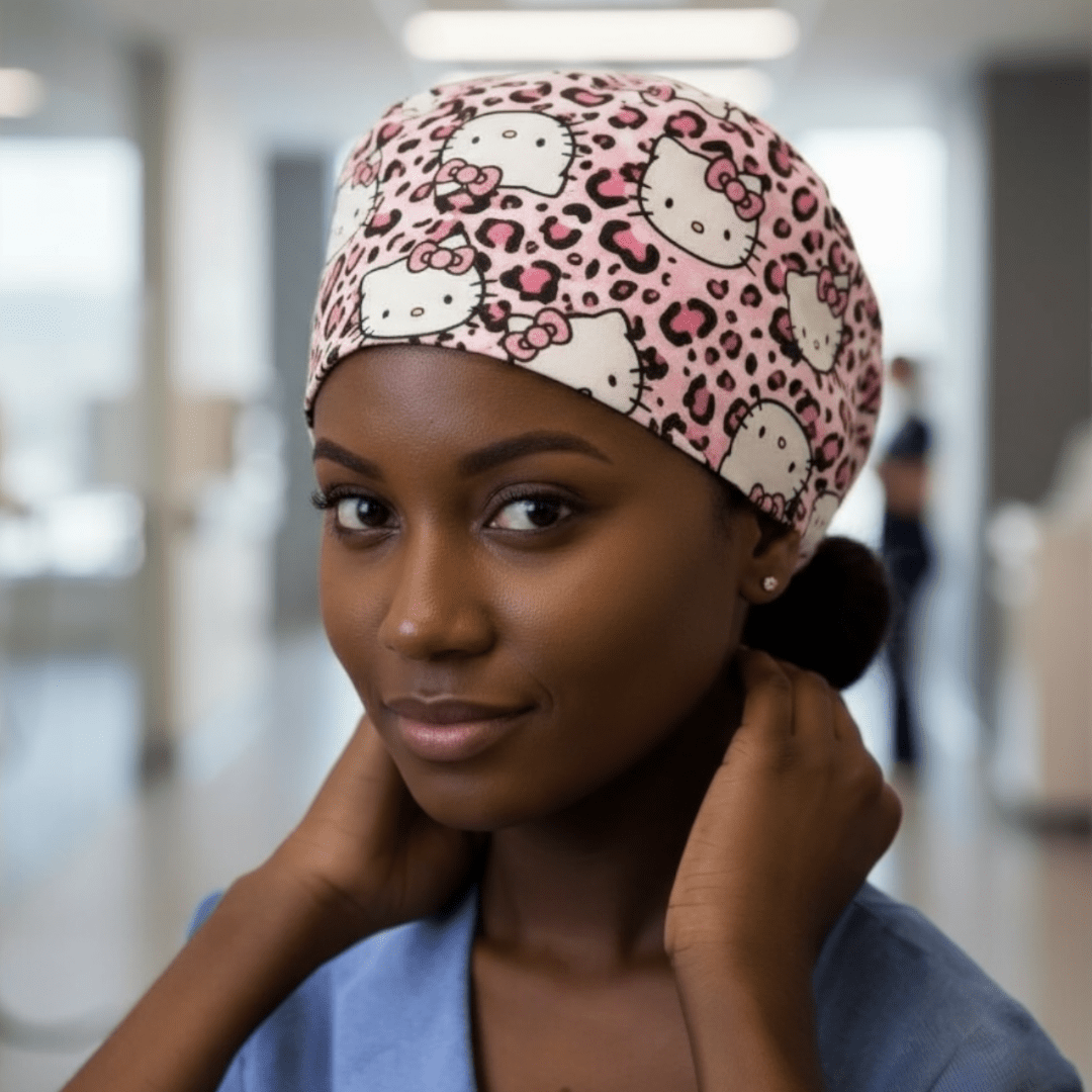 Satin - Lined Nurse Scrub Caps – Hello Kitty, Barbie & Bratz | Most Wanted Collection - Nursecaresuites - Online Healthcare BoutiqueScrub CapAdjustable Scrub CapAdjustable Tie BackBarbie Scrub Cap