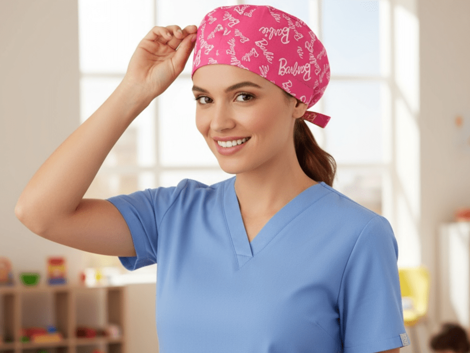 Satin - Lined Nurse Scrub Caps – Hello Kitty, Barbie & Bratz | Most Wanted Collection - Nursecaresuites - Online Healthcare BoutiqueScrub CapAdjustable Scrub CapAdjustable Tie BackBarbie Scrub Cap