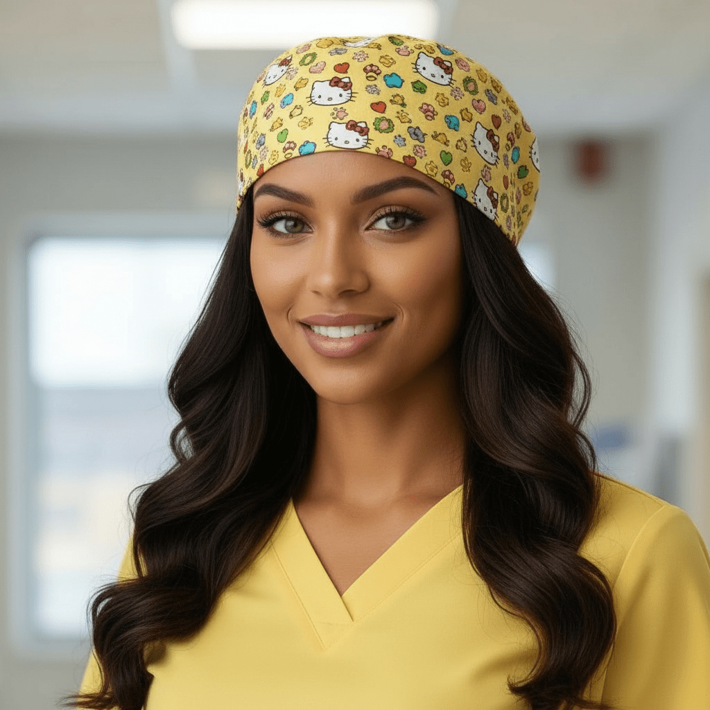 Woman wearing a yellow scrub top and yellow hello kitty scrub cap in an indoor setting