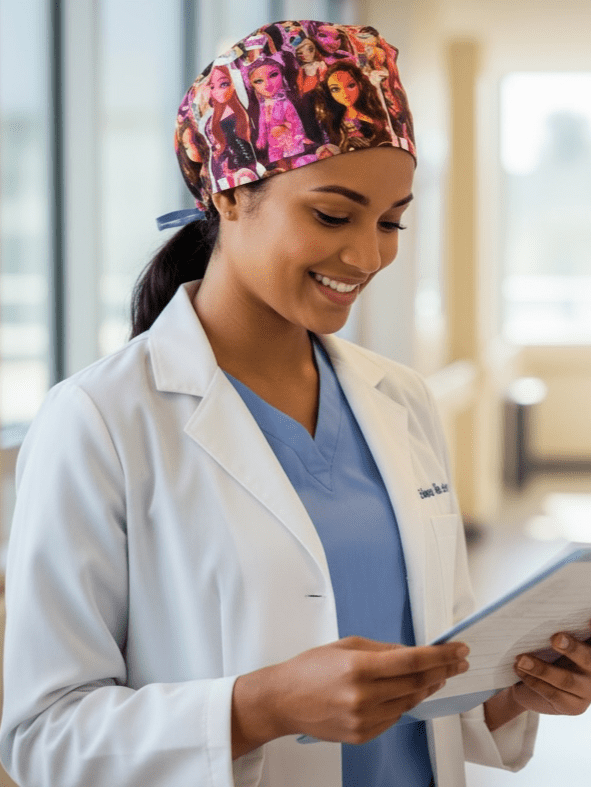 Satin - Lined Nurse Scrub Caps – Hello Kitty, Barbie & Bratz | Most Wanted Collection - Nursecaresuites - Online Healthcare BoutiqueScrub CapAdjustable Scrub CapAdjustable Tie BackBarbie Scrub Cap