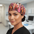 woman wearing a colorful bratz scrub cap in a medical setting
