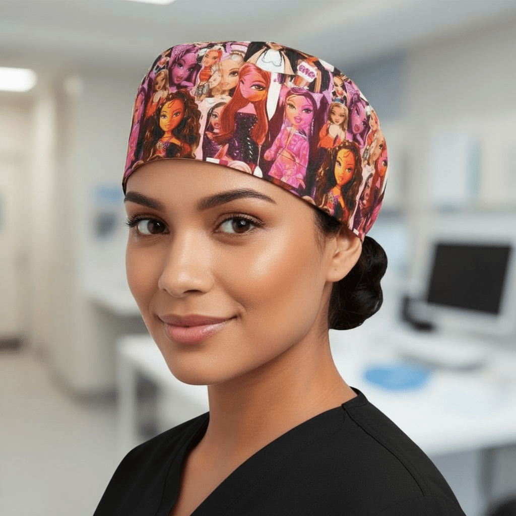 woman wearing a colorful bratz scrub cap in a medical setting