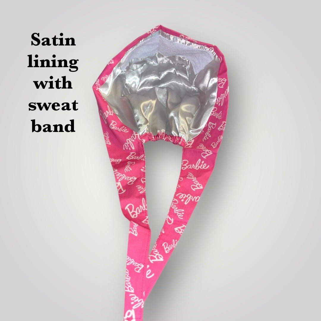 Satin - Lined Nurse Scrub Caps | Hello Kitty, Barbie & Bratz Styles - Nursecaresuites - Online Healthcare BoutiqueScrub CapAdjustable Scrub CapAdjustable Tie BackBarbie Scrub Cap