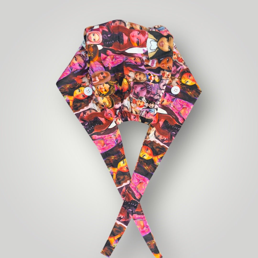 Satin - Lined Nurse Scrub Caps | Hello Kitty, Barbie & Bratz Styles - Nursecaresuites - Online Healthcare BoutiqueScrub CapAdjustable Scrub CapAdjustable Tie BackBarbie Scrub Cap