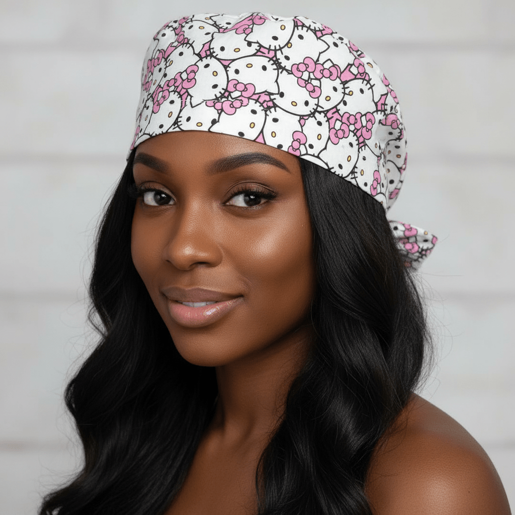Satin - Lined Nurse Scrub Caps | Hello Kitty, Barbie & Bratz Styles - Nursecaresuites - Online Healthcare BoutiqueScrub CapAdjustable Scrub CapAdjustable Tie BackBarbie Scrub Cap