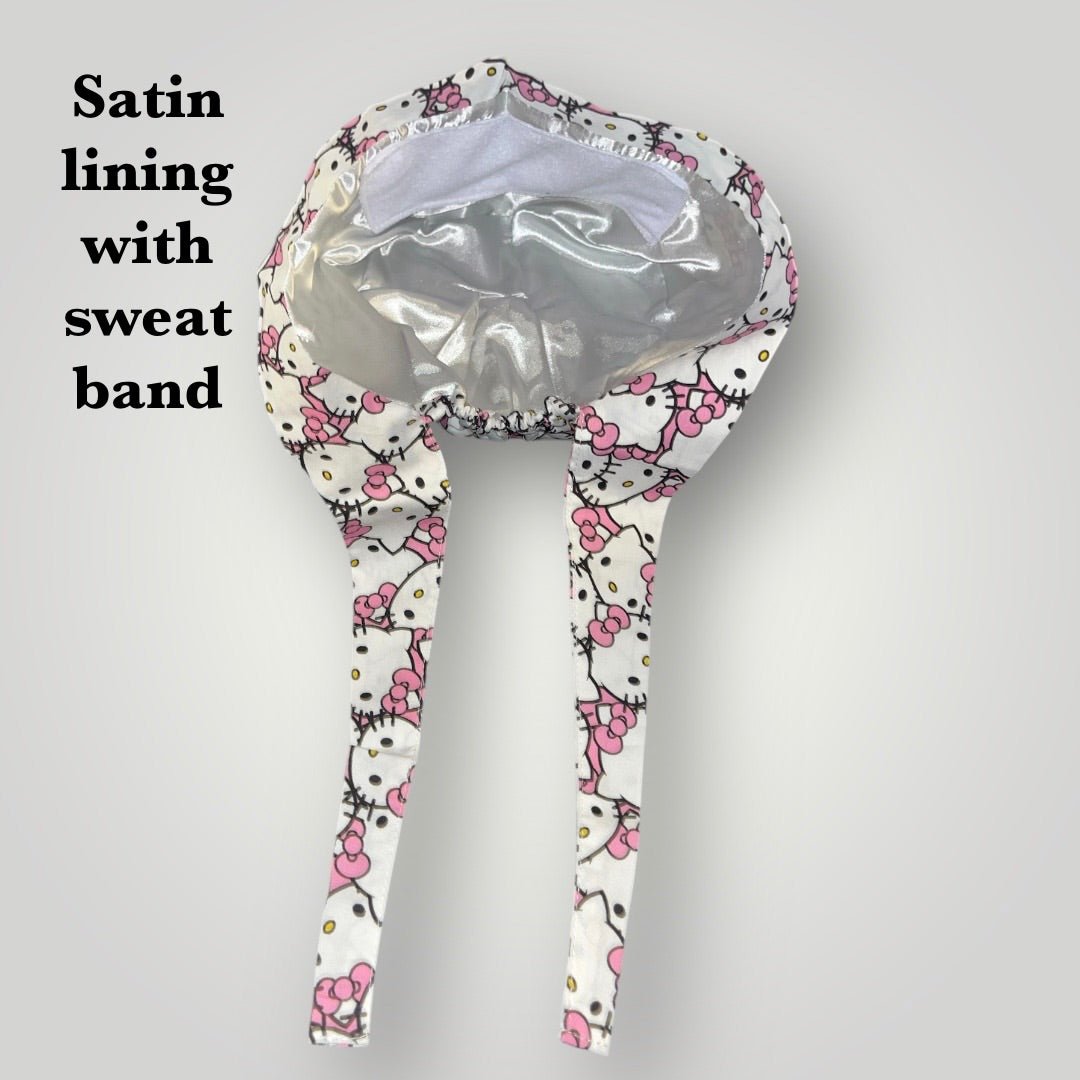 Satin - Lined Nurse Scrub Caps | Hello Kitty, Barbie & Bratz Styles - Nursecaresuites - Online Healthcare BoutiqueScrub CapAdjustable Scrub CapAdjustable Tie BackBarbie Scrub Cap